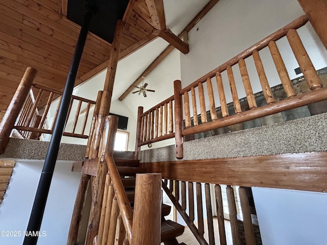8120 N Cassity Trl, Williams, AZ 86046 - stairs with high vaulted ceiling, beamed ceiling, and ceiling fan