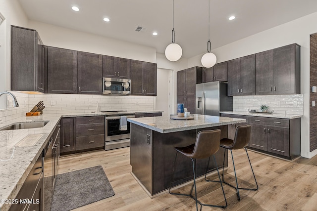 3600 W Modus Ln, Flagstaff, AZ 86001 - kitchen with stainless steel appliances, a sink, backsplash, a kitchen island, and light wood-style floors