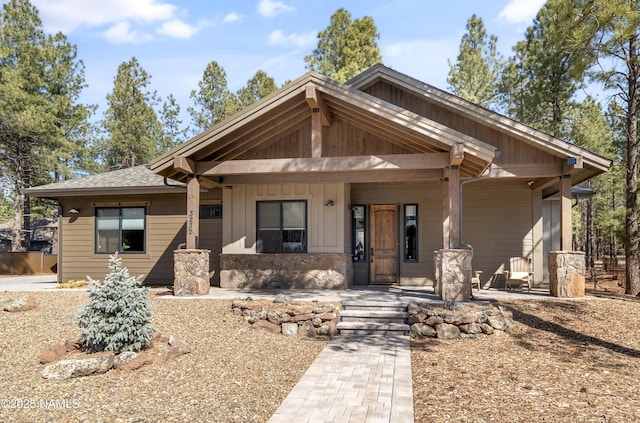 view of front of house with a shingled roof and board and batten siding