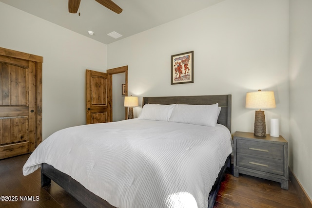 bedroom featuring hardwood / wood-style floors, baseboards, and ceiling fan