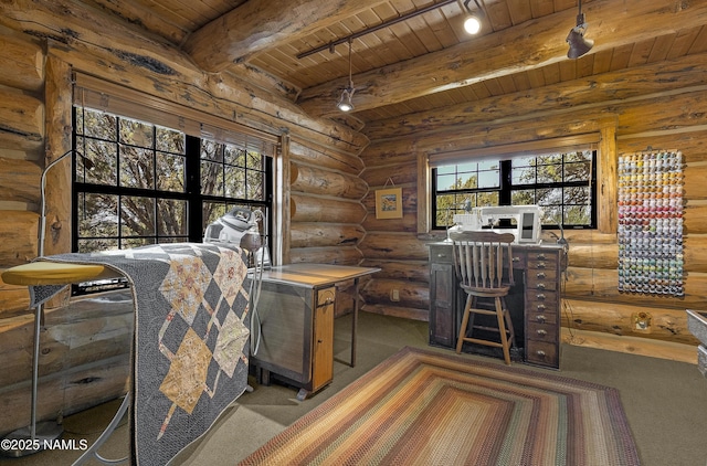 38 Cosnino Rd, Flagstaff, AZ 86004 - carpeted office featuring wooden ceiling with exposed beams and log walls