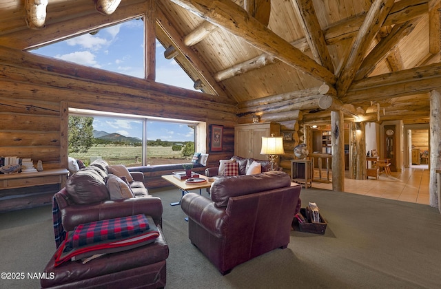 38 Cosnino Rd, Flagstaff, AZ 86004 - carpeted living area featuring high vaulted ceiling, wooden ceiling with exposed beams, and log walls