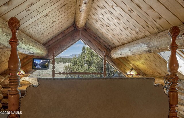 38 Cosnino Rd, Flagstaff, AZ 86004 - detailed view of wood ceiling with exposed beams, mountains, and log walls