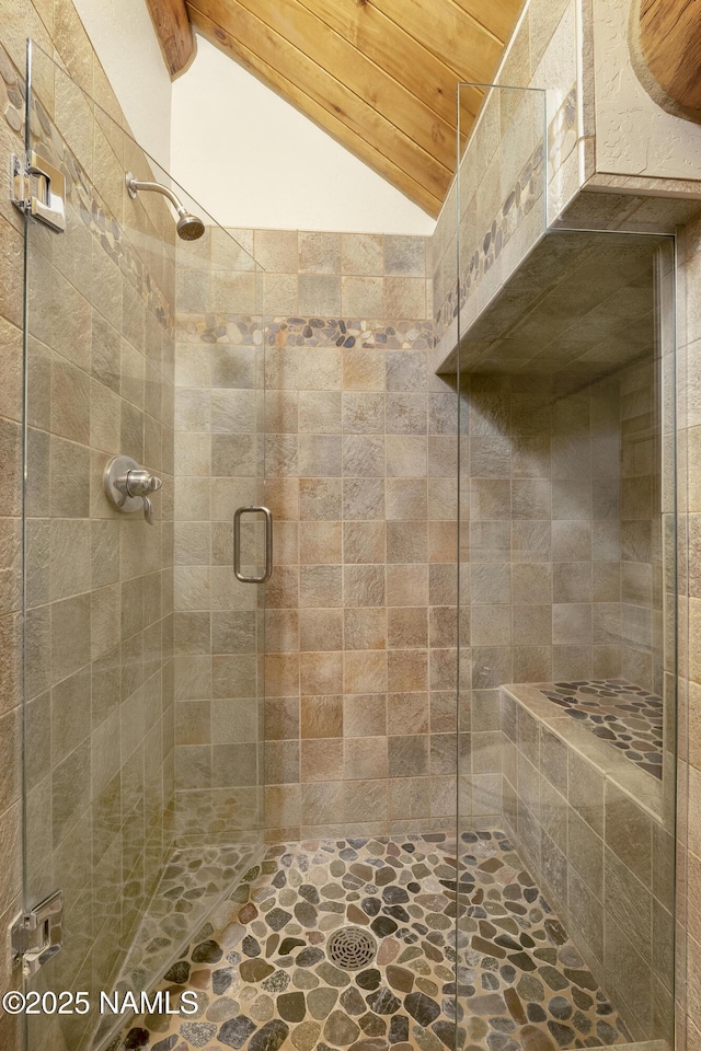 38 Cosnino Rd, Flagstaff, AZ 86004 - bathroom featuring stone floors, a stall shower, and lofted ceiling