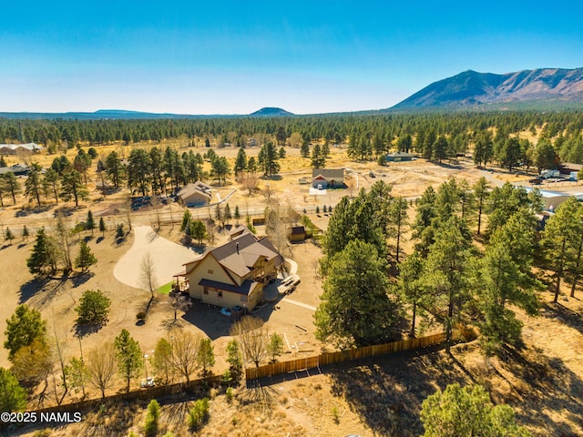 birds eye view of property featuring a wooded view and a mountain view