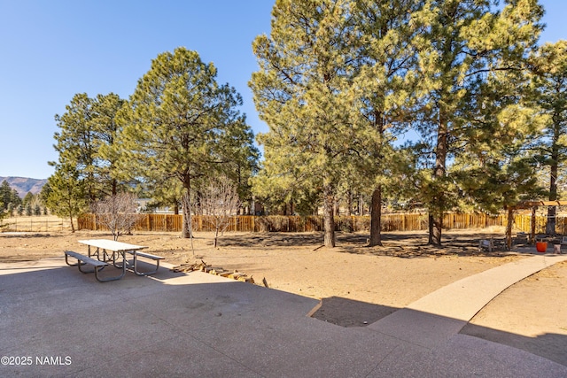 view of yard featuring a mountain view, a patio, and a fenced backyard