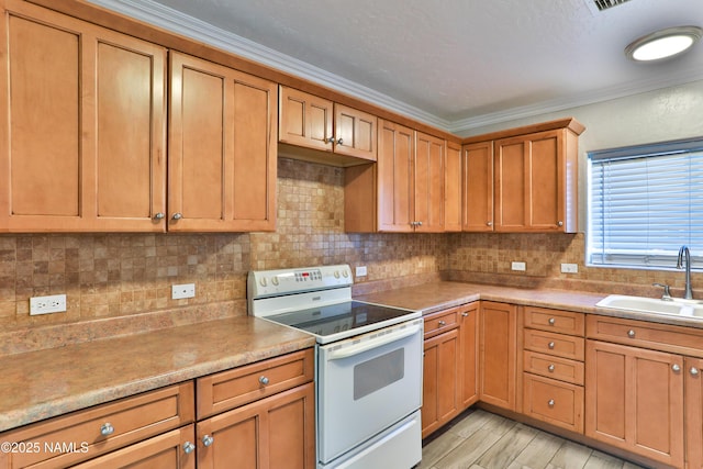 kitchen with a sink, tasteful backsplash, light countertops, and white electric range