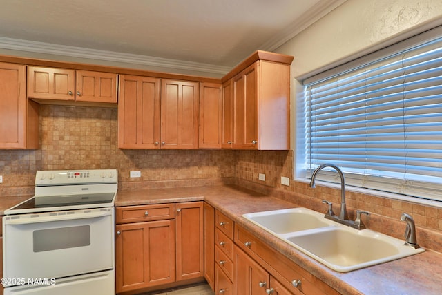 kitchen featuring crown molding, light countertops, white electric range, decorative backsplash, and a sink