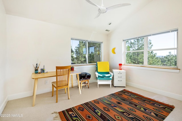 673 N Pine Cliff Dr, Flagstaff, AZ 86001 - interior space featuring baseboards, visible vents, ceiling fan, and lofted ceiling