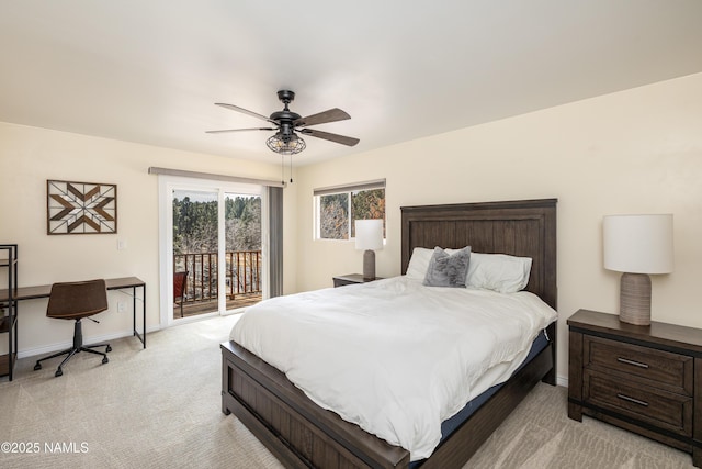 bedroom featuring access to exterior, ceiling fan, baseboards, and light colored carpet