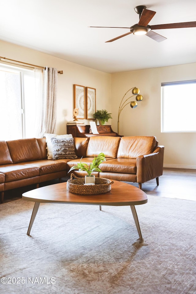 living area featuring ceiling fan