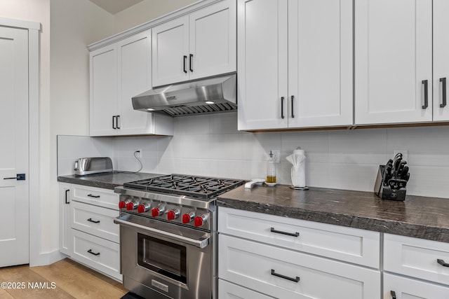 2625 S Cottonrose Ln, Flagstaff, AZ 86005 - kitchen featuring luxury range, under cabinet range hood, decorative backsplash, and white cabinets