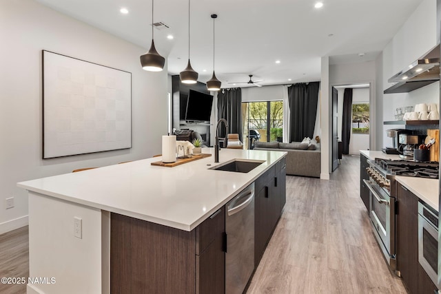 10299 E White Feather Ln, Scottsdale, AZ 85262 - kitchen with stainless steel appliances, modern cabinets, light countertops, dark brown cabinetry, and open floor plan