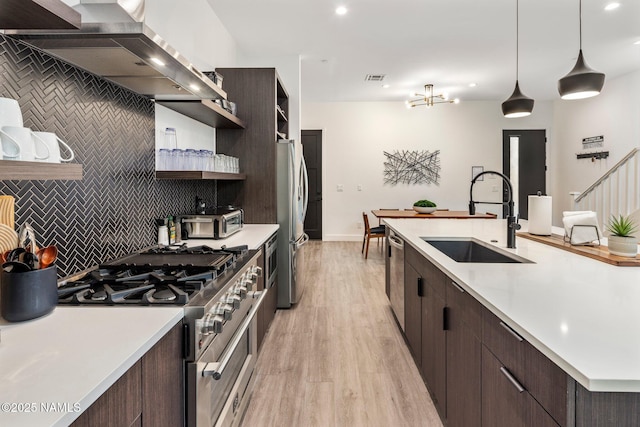 10299 E White Feather Ln, Scottsdale, AZ 85262 - kitchen featuring wall chimney exhaust hood, appliances with stainless steel finishes, open shelves, backsplash, and recessed lighting