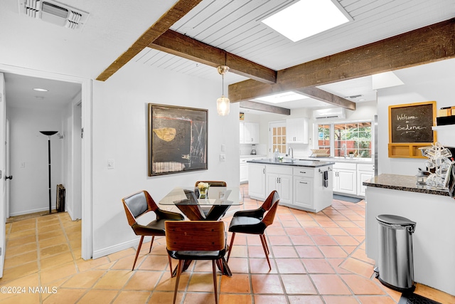 dining room with wood ceiling, beamed ceiling, sink, light tile patterned flooring, and a wall mounted air conditioner