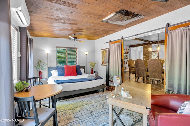 living room featuring an AC wall unit, wood ceiling, tile patterned flooring, ceiling fan, and a barn door