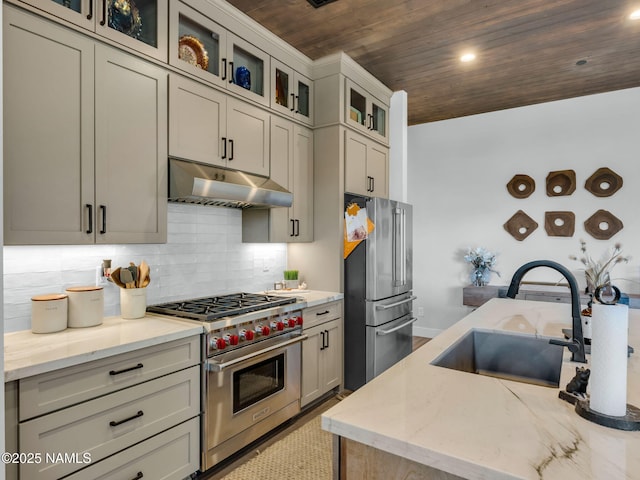 2566 S Cottonrose Ln, Flagstaff, AZ 86005 - kitchen with under cabinet range hood, stainless steel appliances, wooden ceiling, a sink, and light stone countertops
