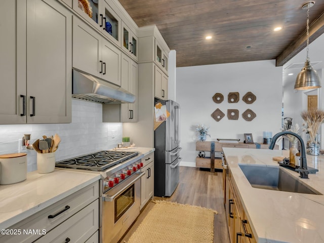 2566 S Cottonrose Ln, Flagstaff, AZ 86005 - kitchen with appliances with stainless steel finishes, a sink, under cabinet range hood, wood ceiling, and light stone counters