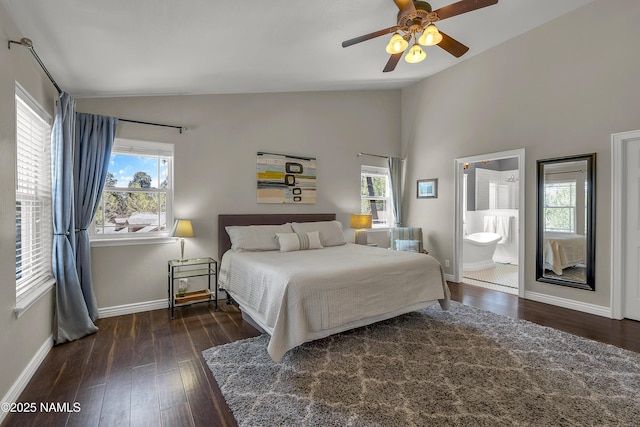 1085 N Conifer Rd, Flagstaff, AZ 86001 - bedroom with lofted ceiling, multiple windows, wood-type flooring, baseboards, and a ceiling fan