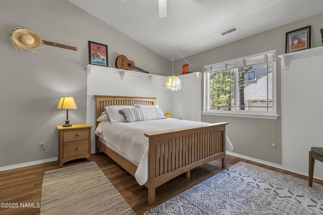 1085 N Conifer Rd, Flagstaff, AZ 86001 - bedroom with vaulted ceiling, wood finished floors, baseboards, and ceiling fan