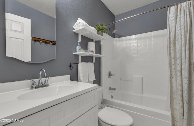 1085 N Conifer Rd, Flagstaff, AZ 86001 - full bathroom with shower / bathtub combination with curtain, vanity, toilet, and a textured wall