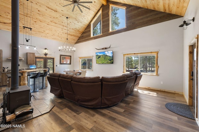 living area featuring a wood stove, dark wood-style floors, high vaulted ceiling, and wooden ceiling
