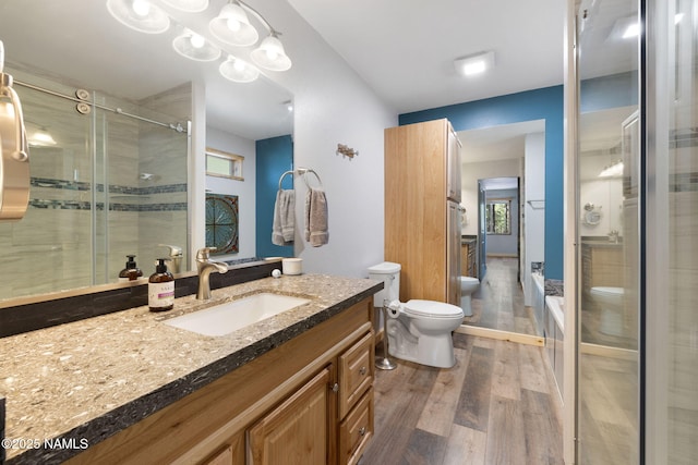 bathroom featuring vanity, a stall shower, wood finished floors, and toilet