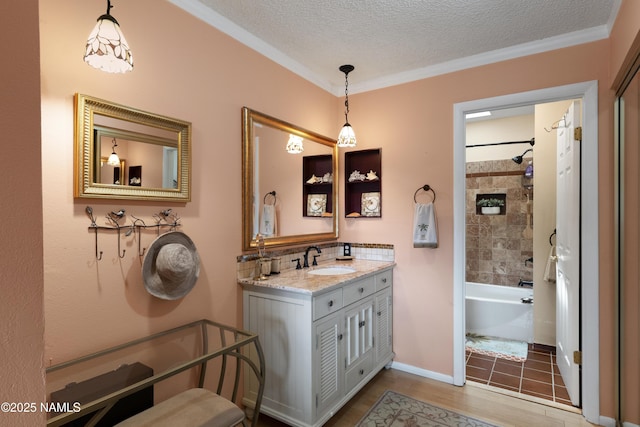 full bath with shower / bath combination, vanity, a textured ceiling, wood finished floors, and baseboards