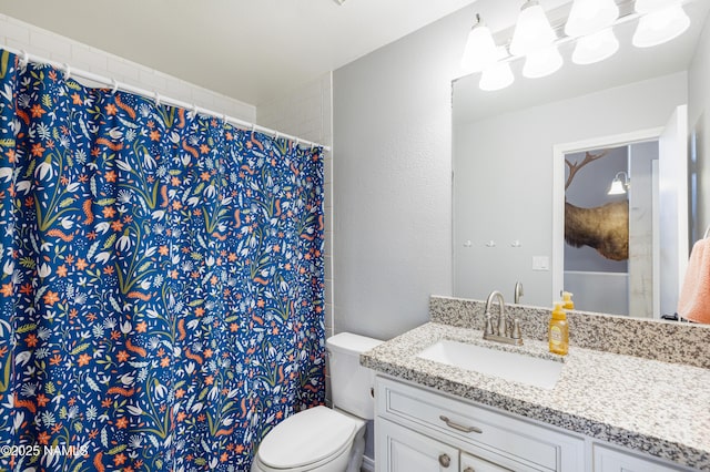 5495 E Crisp Hill Rd, Flagstaff, AZ 86004 - full bathroom with vanity, a shower with shower curtain, toilet, and a textured wall