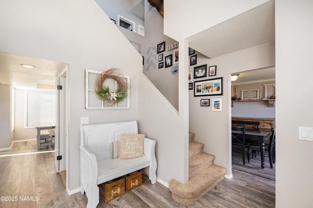 5495 E Crisp Hill Rd, Flagstaff, AZ 86004 - stairs featuring baseboards, a towering ceiling, and wood finished floors