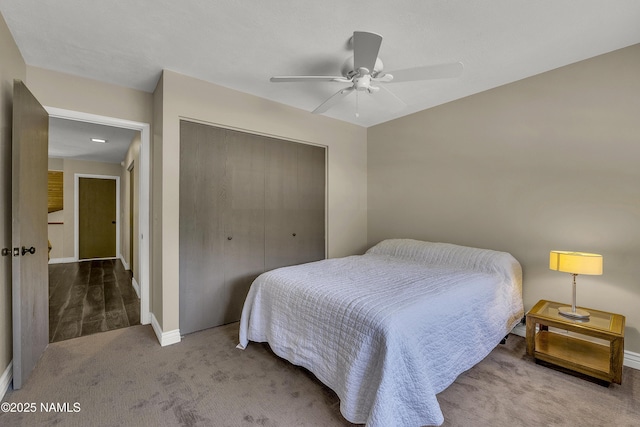 2800 N Saddleback Way Unit 2, Flagstaff, AZ 86004 - bedroom featuring a closet, carpet flooring, baseboards, and ceiling fan
