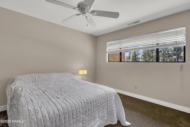 2800 N Saddleback Way Unit 2, Flagstaff, AZ 86004 - bedroom with dark colored carpet, visible vents, a ceiling fan, and baseboards