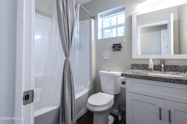 full bathroom with vanity, toilet, and shower / bath combination with curtain