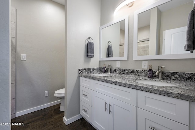 bathroom featuring vanity, toilet, and wood-type flooring