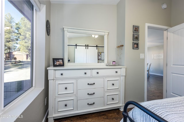 bedroom with dark hardwood / wood-style floors