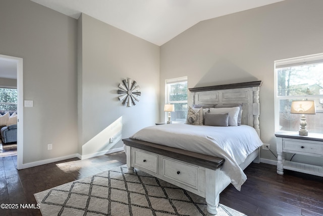 bedroom with multiple windows, dark hardwood / wood-style floors, and lofted ceiling