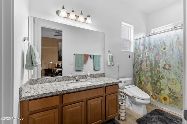 full bathroom featuring toilet, vanity, ensuite bath, a shower with curtain, and tile patterned floors