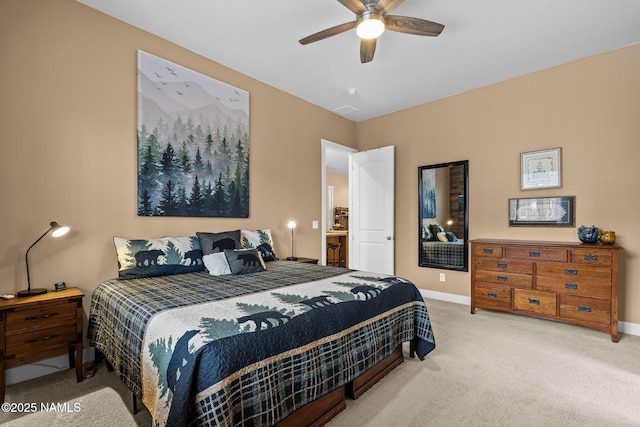 bedroom with ceiling fan, carpet floors, and baseboards