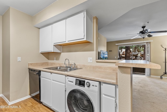 1385 W University Ave Unit 194, Flagstaff, AZ 86001 - kitchen featuring washer / clothes dryer, black dishwasher, white cabinets, light countertops, and a ceiling fan