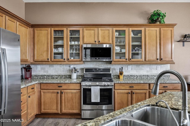 41215 N Lytham Ct, Phoenix, AZ 85086 - kitchen with appliances with stainless steel finishes, a sink, decorative backsplash, light stone counters, and wood finished floors