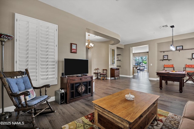 41215 N Lytham Ct, Phoenix, AZ 85086 - living room featuring pool table, wood finished floors, baseboards, and a chandelier