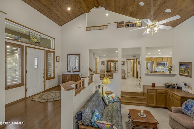 2476 S Cliffview St, Flagstaff, AZ 86001 - living room with wooden ceiling, high vaulted ceiling, light wood-style floors, and ceiling fan