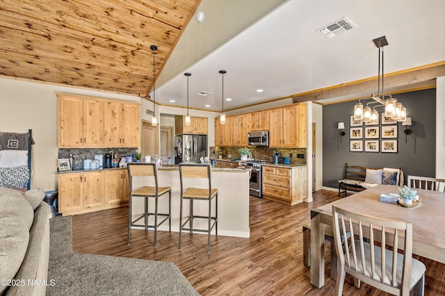 7507 Deville Ln, Flagstaff, AZ 86004 - kitchen with appliances with stainless steel finishes, light brown cabinets, a breakfast bar area, backsplash, and wooden ceiling