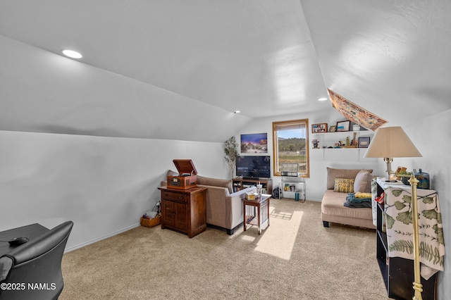 7507 Deville Ln, Flagstaff, AZ 86004 - living room with vaulted ceiling, carpet, and recessed lighting