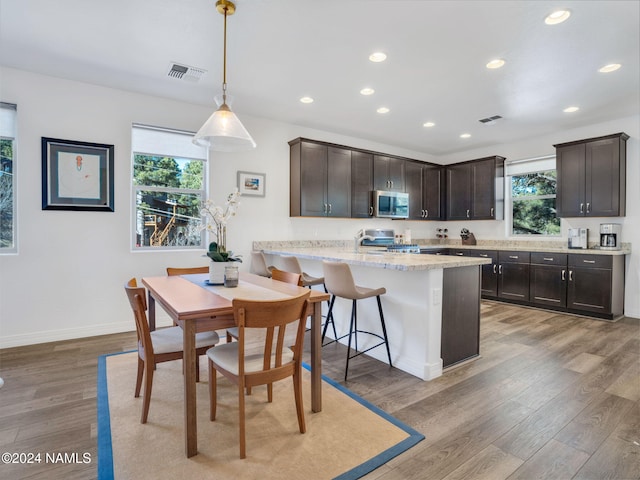 kitchen featuring decorative light fixtures, a wealth of natural light, wood-type flooring, and kitchen peninsula