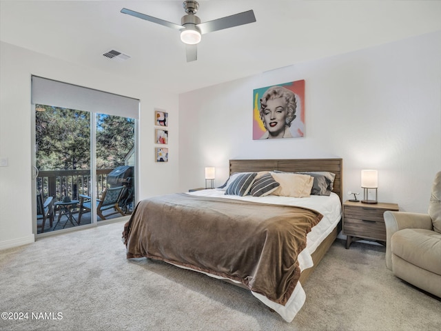 bedroom featuring carpet floors, ceiling fan, and access to outside