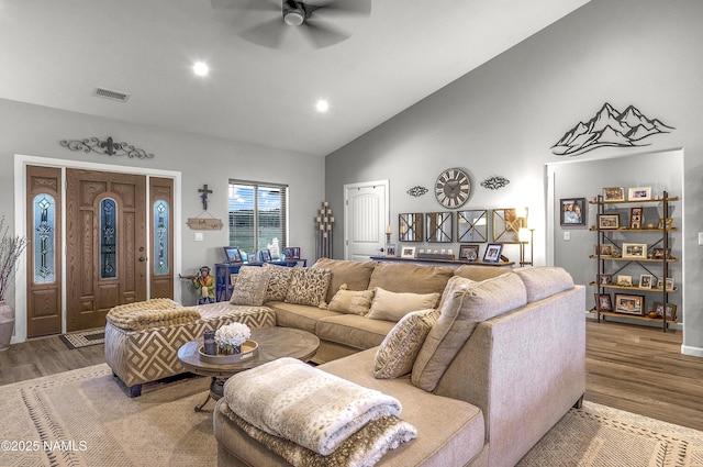 3095 E Pinetree Dr, Williams, AZ 86046 - living room with ceiling fan, wood finished floors, high vaulted ceiling, and recessed lighting