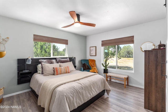 bedroom featuring wood-type flooring, multiple windows, and ceiling fan