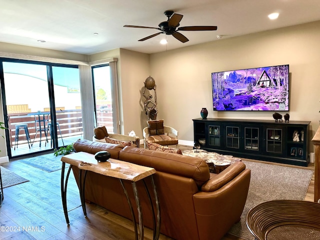 living room with ceiling fan and wood-type flooring