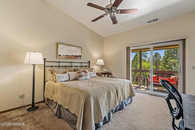 2303 N Plateau Dr, Flagstaff, AZ 86004 - bedroom featuring carpet, access to exterior, lofted ceiling, and ceiling fan